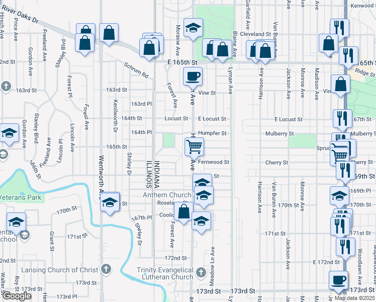 map of restaurants, bars, coffee shops, grocery stores, and more near 6740 Hohman Avenue in Hammond