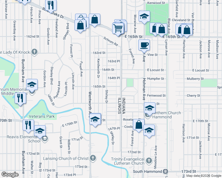 map of restaurants, bars, coffee shops, grocery stores, and more near 24 165th Street in Calumet City