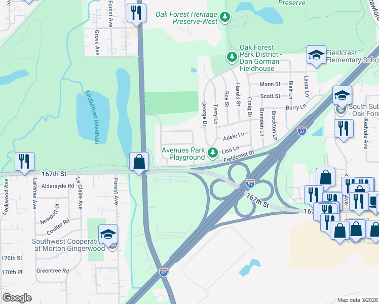 map of restaurants, bars, coffee shops, grocery stores, and more near 4606 Newberry Avenue in Oak Forest