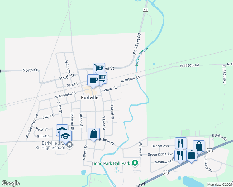 map of restaurants, bars, coffee shops, grocery stores, and more near 308 Water Street in Earlville