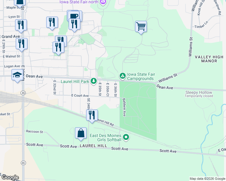 map of restaurants, bars, coffee shops, grocery stores, and more near 125 East 35th Court in Des Moines