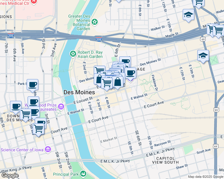 map of restaurants, bars, coffee shops, grocery stores, and more near 425 East Grand Avenue in Des Moines
