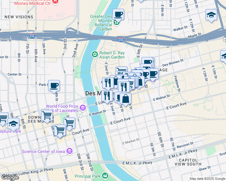 map of restaurants, bars, coffee shops, grocery stores, and more near 200 East Grand Avenue in Des Moines