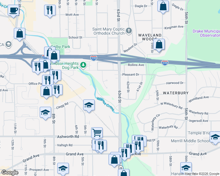 map of restaurants, bars, coffee shops, grocery stores, and more near 6340 Harwood Court in Des Moines