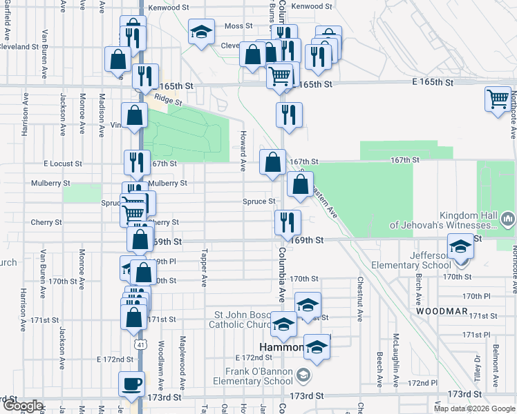 map of restaurants, bars, coffee shops, grocery stores, and more near 1133 Spruce Street in Hammond