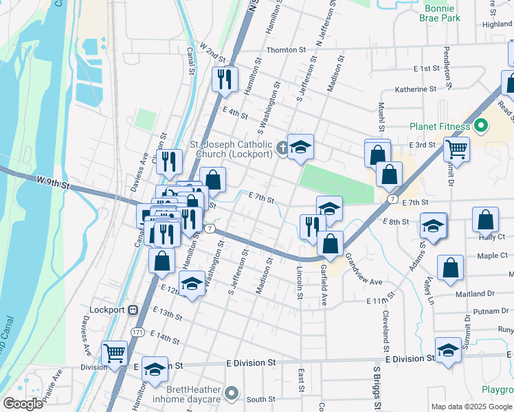 map of restaurants, bars, coffee shops, grocery stores, and more near 315 East 7th Street in Lockport