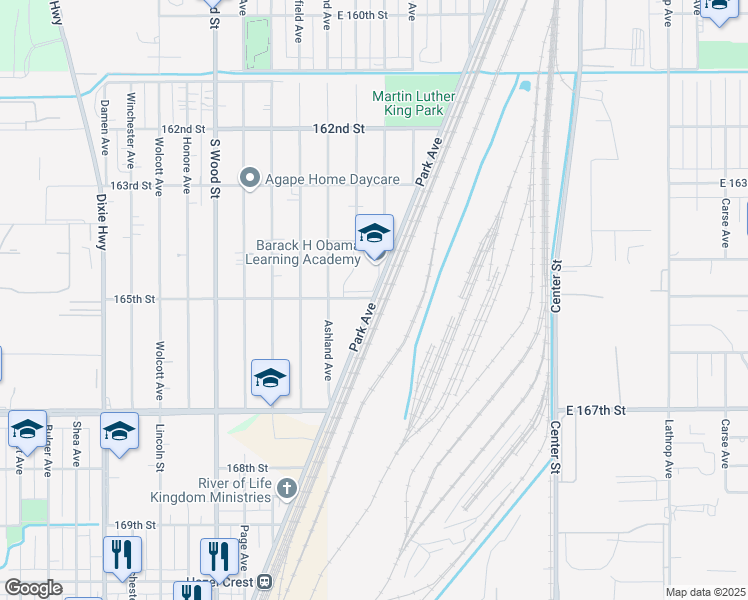 map of restaurants, bars, coffee shops, grocery stores, and more near 16500 Park Avenue in Markham