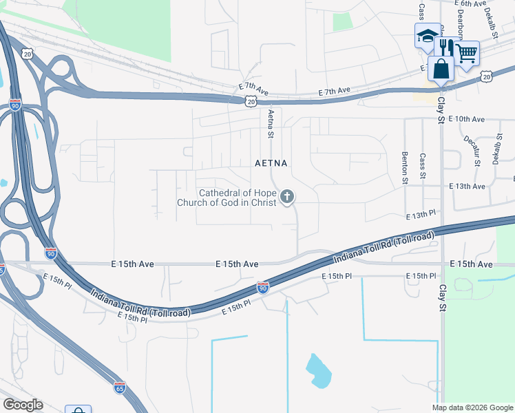 map of restaurants, bars, coffee shops, grocery stores, and more near 1256 Oklahoma Street in Gary