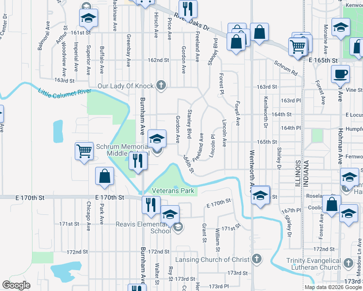 map of restaurants, bars, coffee shops, grocery stores, and more near 1490 Stanley Boulevard in Calumet City