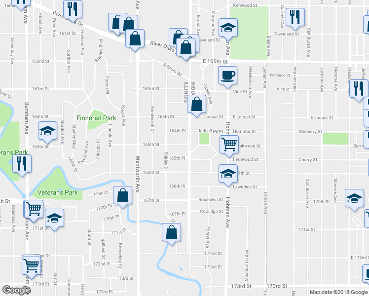 map of restaurants, bars, coffee shops, grocery stores, and more near 1502 State Line Road in Calumet City