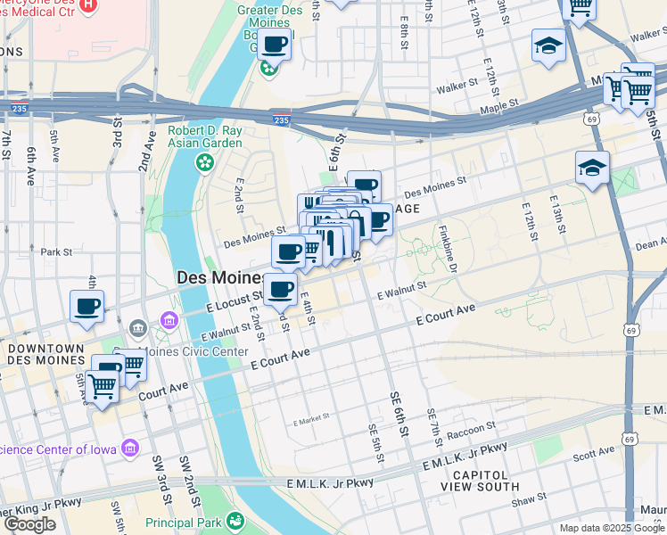 map of restaurants, bars, coffee shops, grocery stores, and more near 414 East 6th Street in Des Moines