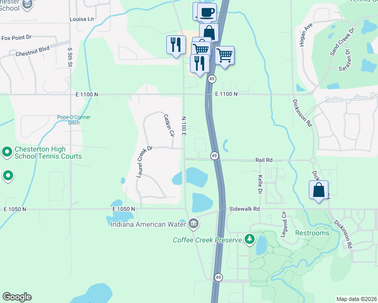 map of restaurants, bars, coffee shops, grocery stores, and more near 160 Rail Road in Chesterton