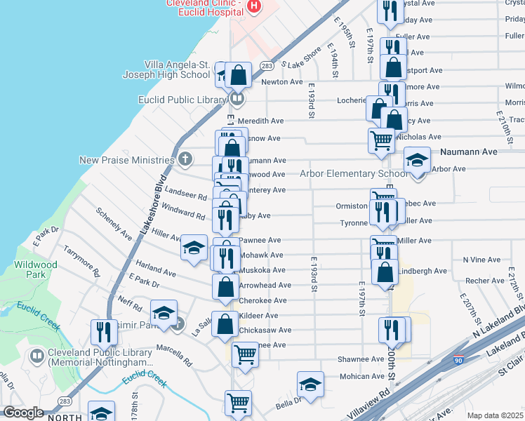 map of restaurants, bars, coffee shops, grocery stores, and more near 18797 Abby Avenue in Euclid