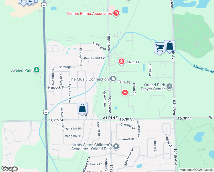 map of restaurants, bars, coffee shops, grocery stores, and more near 16443 Nottingham Court in Orland Park