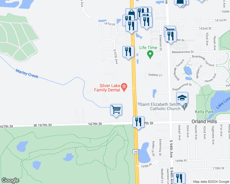 map of restaurants, bars, coffee shops, grocery stores, and more near 9731 165th Street in Orland Park