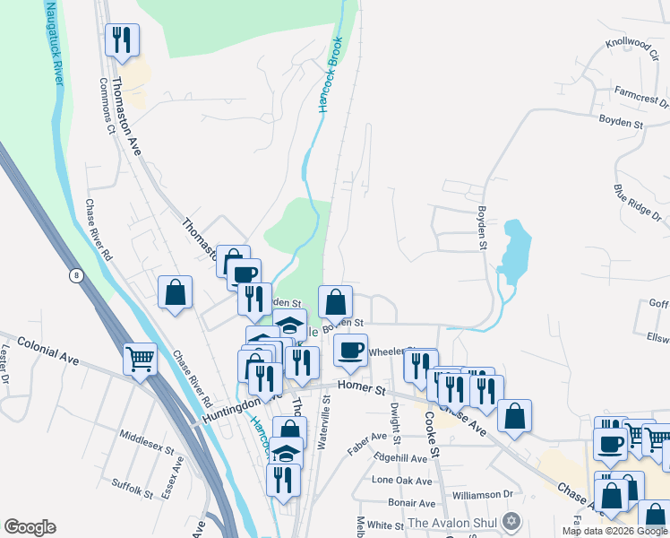 map of restaurants, bars, coffee shops, grocery stores, and more near 79 Yale Street in Waterbury