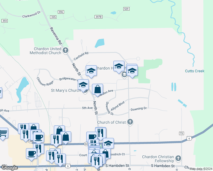 map of restaurants, bars, coffee shops, grocery stores, and more near 127 Chardon Avenue in Chardon
