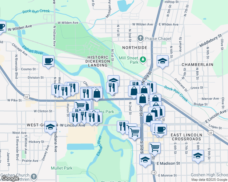 map of restaurants, bars, coffee shops, grocery stores, and more near in Goshen