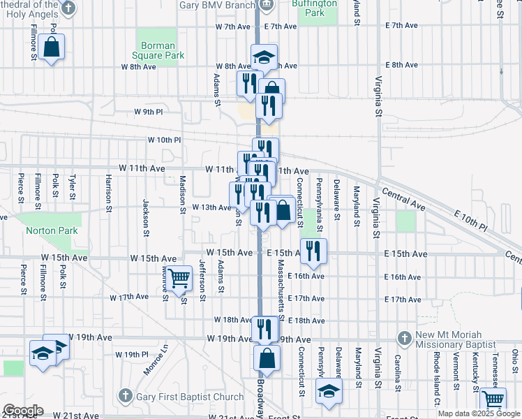 map of restaurants, bars, coffee shops, grocery stores, and more near 1220 Broadway in Gary