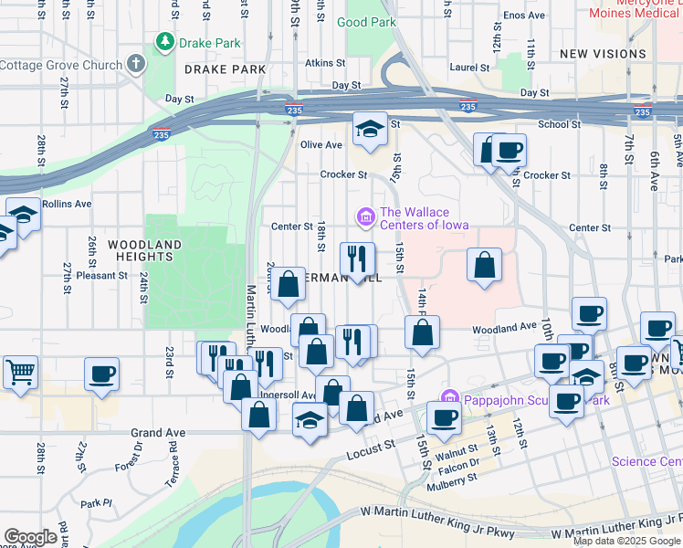 map of restaurants, bars, coffee shops, grocery stores, and more near in Des Moines