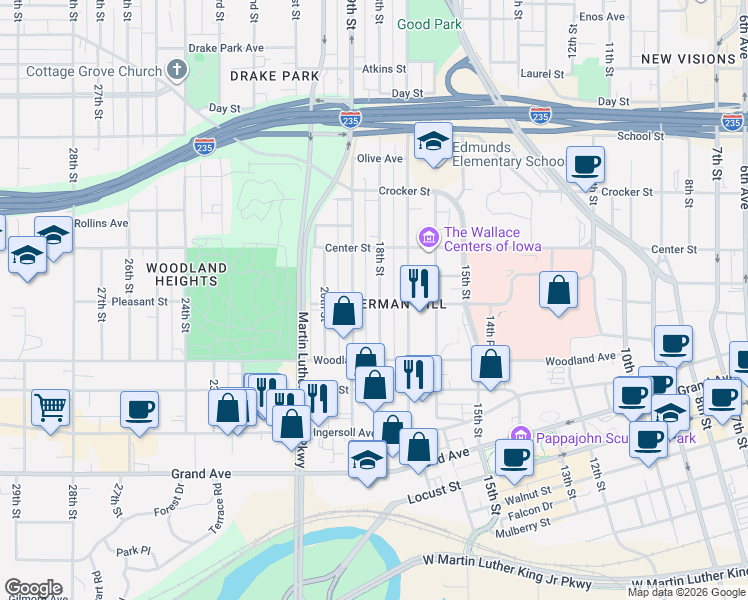 map of restaurants, bars, coffee shops, grocery stores, and more near 717 19th Street in Des Moines