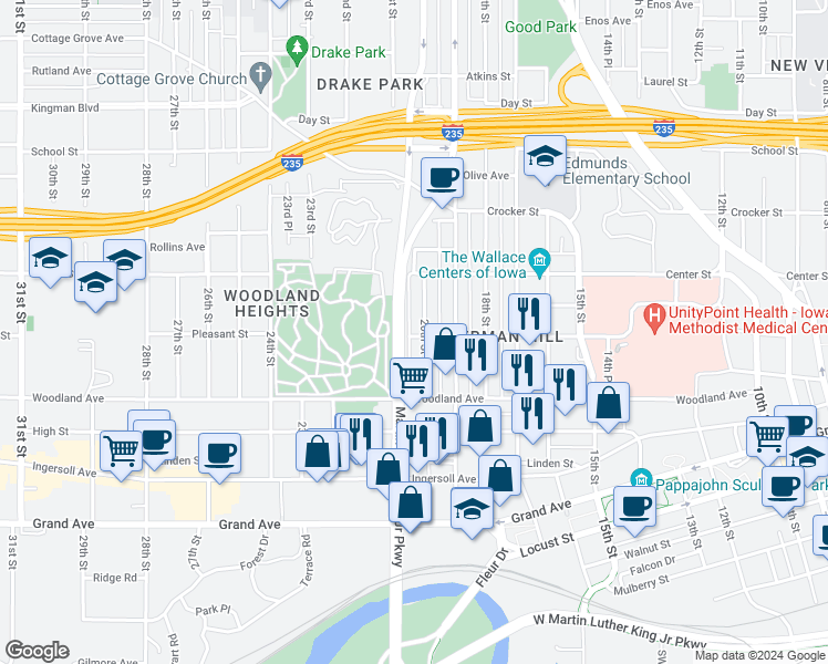 map of restaurants, bars, coffee shops, grocery stores, and more near 723 20th Street in Des Moines