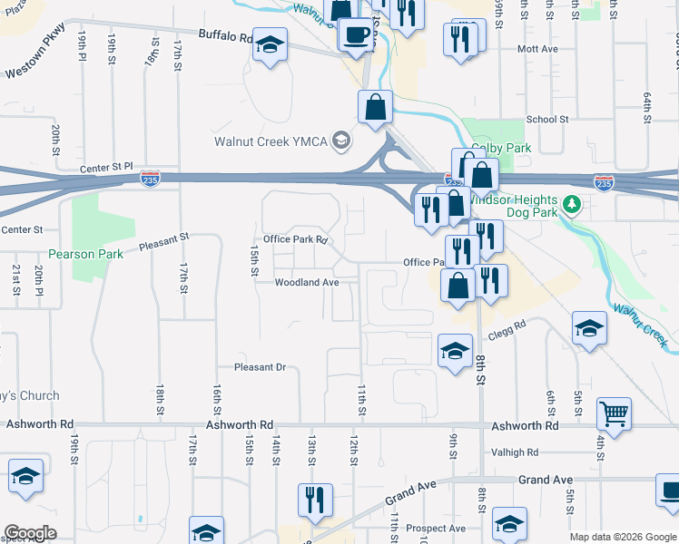 map of restaurants, bars, coffee shops, grocery stores, and more near 1204 Woodland Avenue in West Des Moines