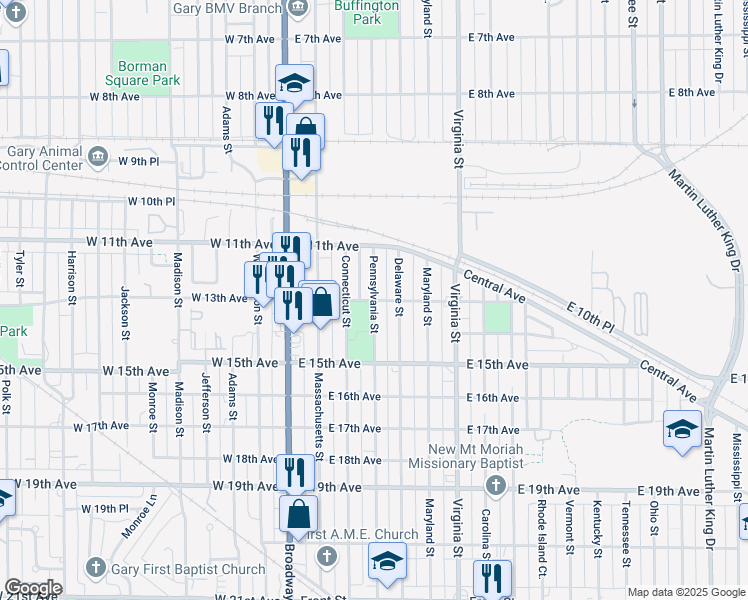 map of restaurants, bars, coffee shops, grocery stores, and more near 1301 Pennsylvania Street in Gary