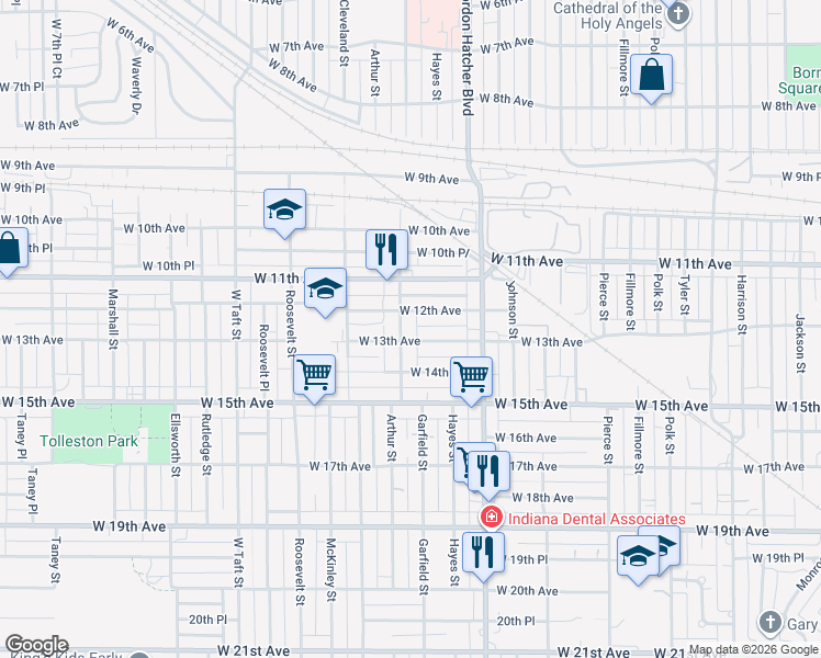 map of restaurants, bars, coffee shops, grocery stores, and more near 1679 West 12th Avenue in Gary