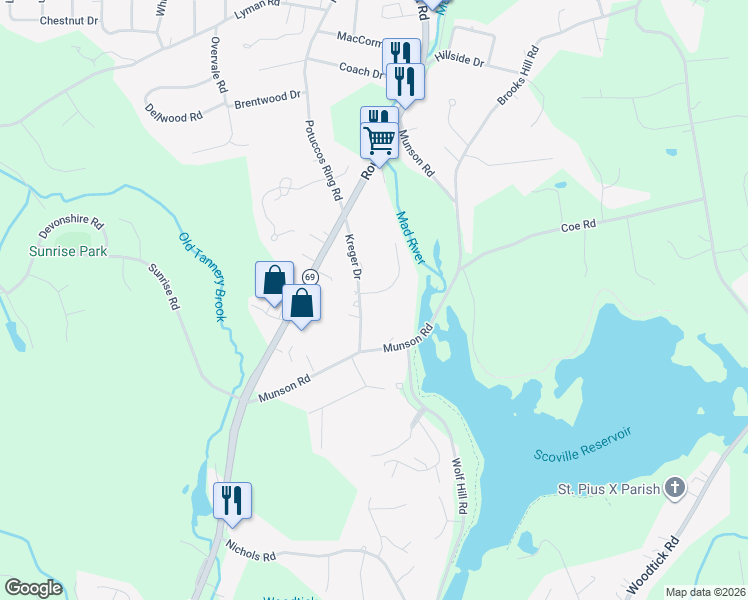map of restaurants, bars, coffee shops, grocery stores, and more near 2 Kimberly Court in Wolcott