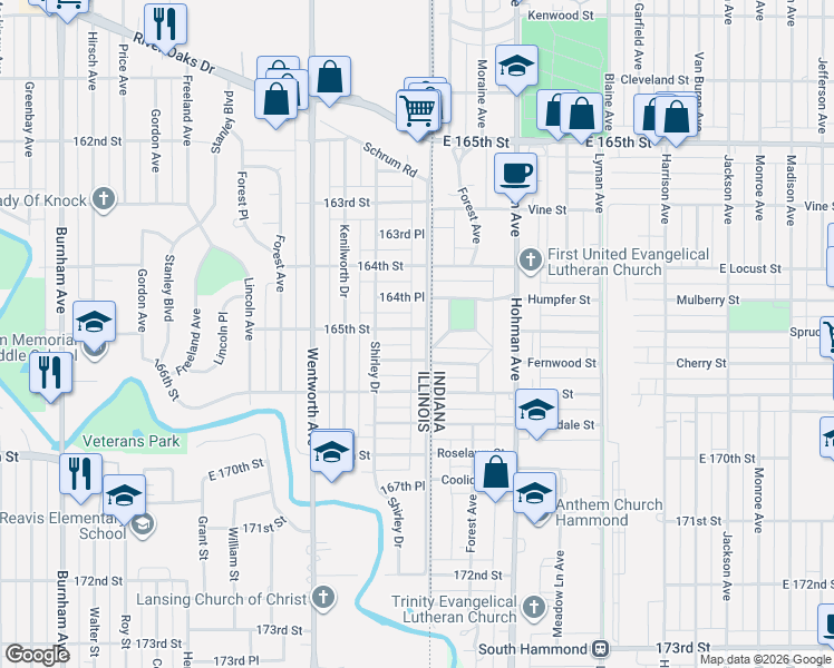 map of restaurants, bars, coffee shops, grocery stores, and more near 24 165th Street in Calumet City