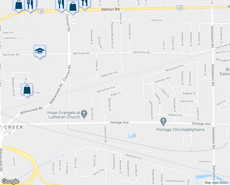 map of restaurants, bars, coffee shops, grocery stores, and more near 6412 Angel Lane in Portage