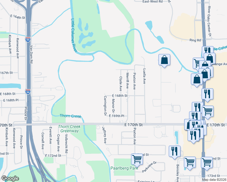 map of restaurants, bars, coffee shops, grocery stores, and more near 16750 Manor Drive in South Holland