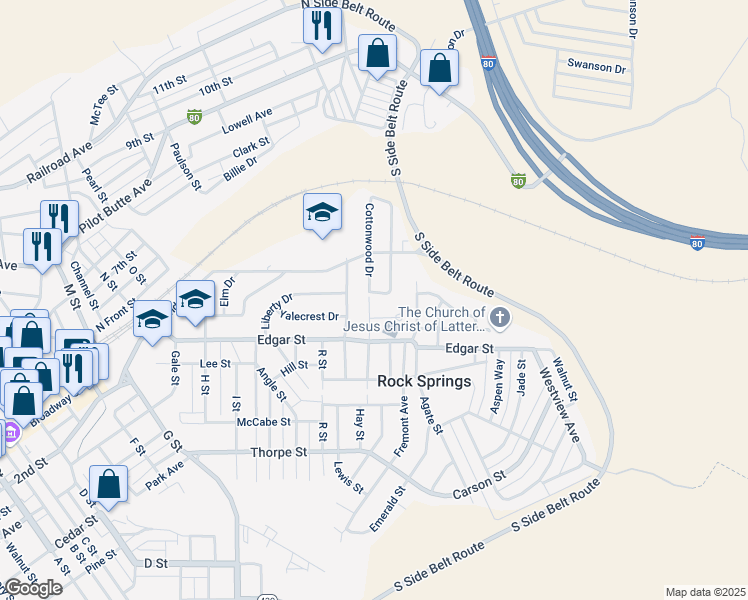 map of restaurants, bars, coffee shops, grocery stores, and more near 1317 Cottonwood Drive in Rock Springs