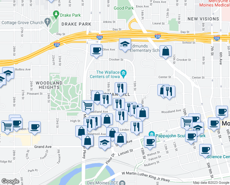 map of restaurants, bars, coffee shops, grocery stores, and more near 1705 Pleasant Street in Des Moines