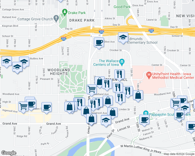 map of restaurants, bars, coffee shops, grocery stores, and more near 1913 Pleasant Street in Des Moines
