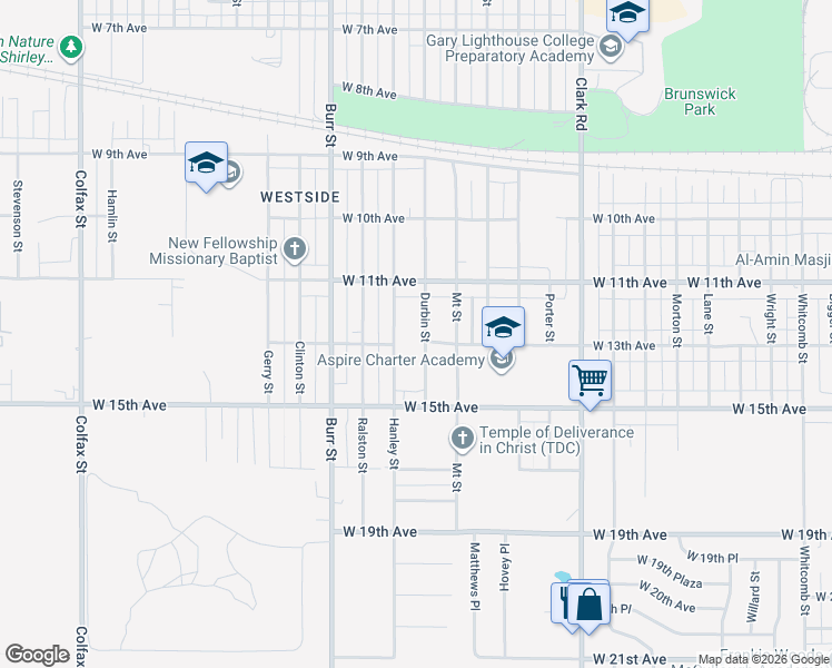 map of restaurants, bars, coffee shops, grocery stores, and more near 1153 Hanley Street in Gary