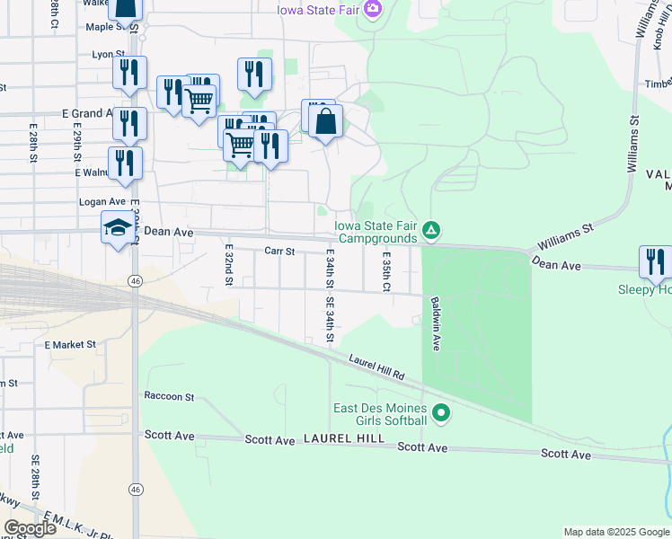 map of restaurants, bars, coffee shops, grocery stores, and more near 131 East 34th Street in Des Moines