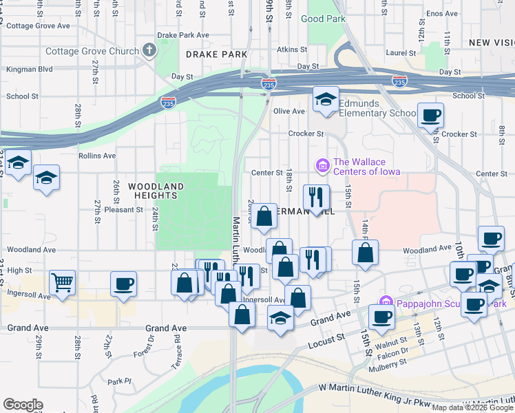 map of restaurants, bars, coffee shops, grocery stores, and more near 1915 Pleasant Street in Des Moines