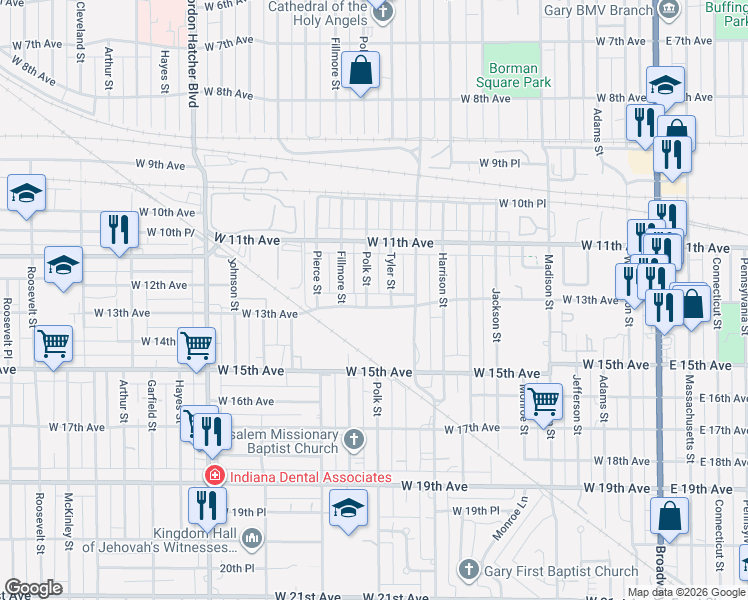 map of restaurants, bars, coffee shops, grocery stores, and more near 1165 Polk Street in Gary