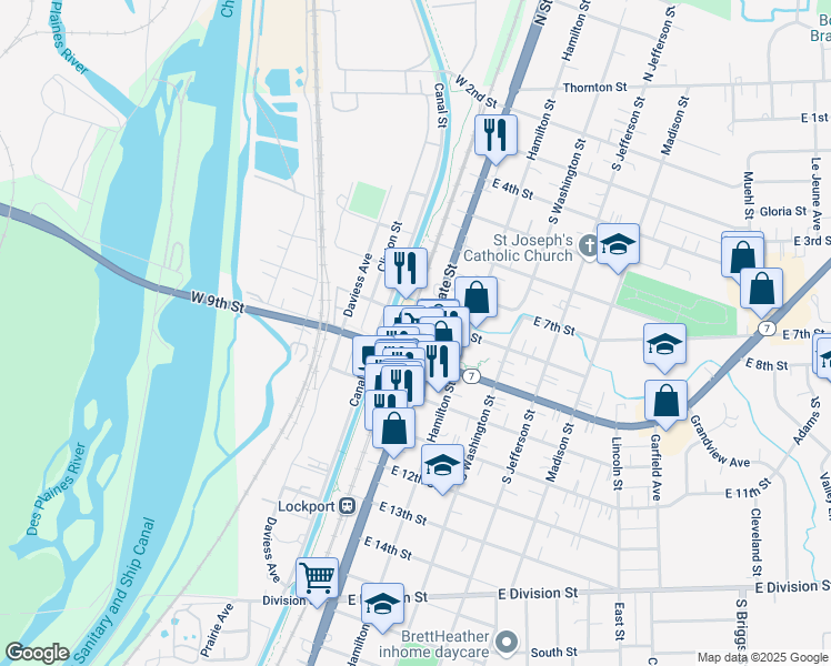 map of restaurants, bars, coffee shops, grocery stores, and more near 723 South State Street in Lockport