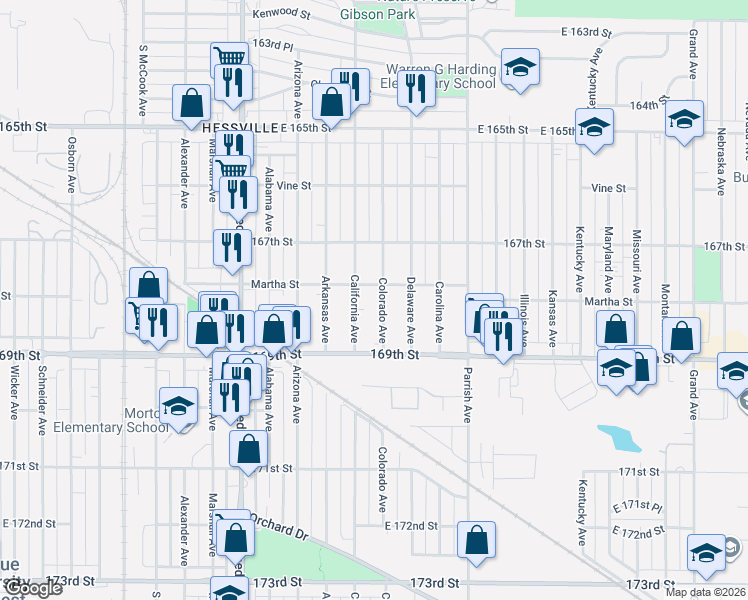 map of restaurants, bars, coffee shops, grocery stores, and more near 3016 Martha Street in Hammond