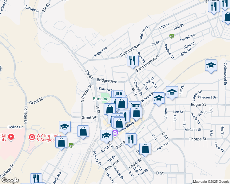 map of restaurants, bars, coffee shops, grocery stores, and more near 616 Elias Avenue in Rock Springs