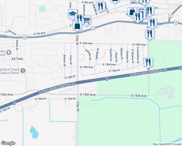 map of restaurants, bars, coffee shops, grocery stores, and more near 5108 East 13th Place in Gary