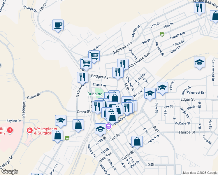 map of restaurants, bars, coffee shops, grocery stores, and more near 616 Elias Avenue in Rock Springs