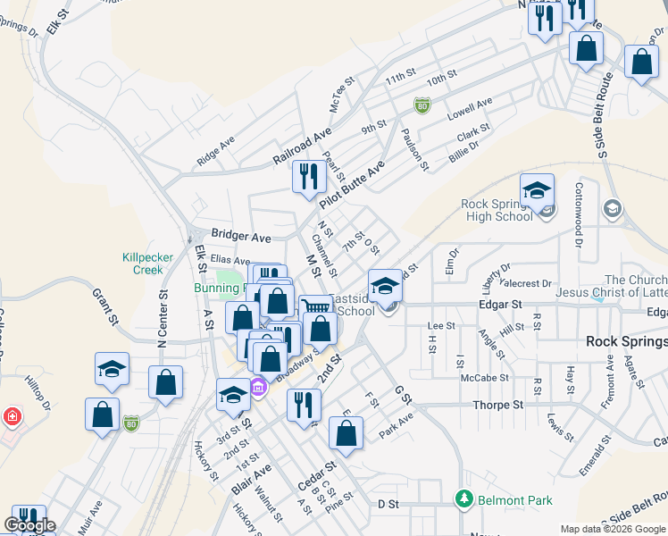 map of restaurants, bars, coffee shops, grocery stores, and more near 844 7th Street in Rock Springs
