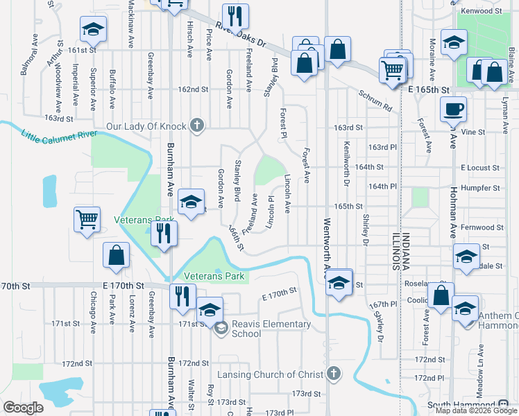 map of restaurants, bars, coffee shops, grocery stores, and more near 1489 Freeland Avenue in Calumet City