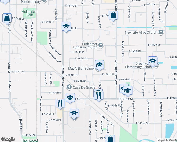 map of restaurants, bars, coffee shops, grocery stores, and more near 540 East 168th Street in South Holland