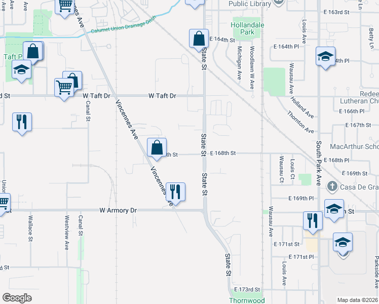 map of restaurants, bars, coffee shops, grocery stores, and more near 24 West 168th Street in South Holland