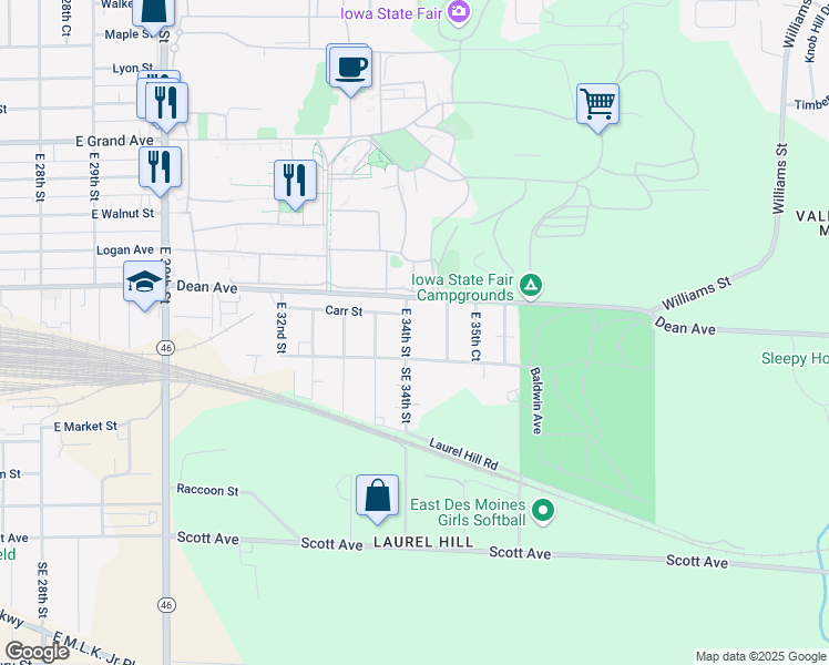 map of restaurants, bars, coffee shops, grocery stores, and more near 131 East 34th Street in Des Moines